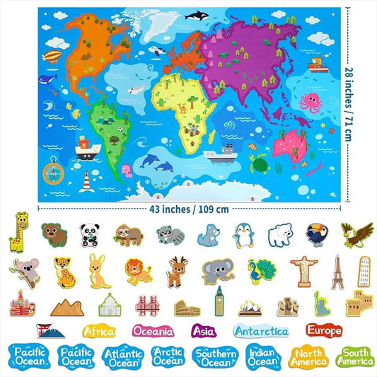 Juego educativo interactivo de mapa mundial en fieltro para niños – 45 piezas